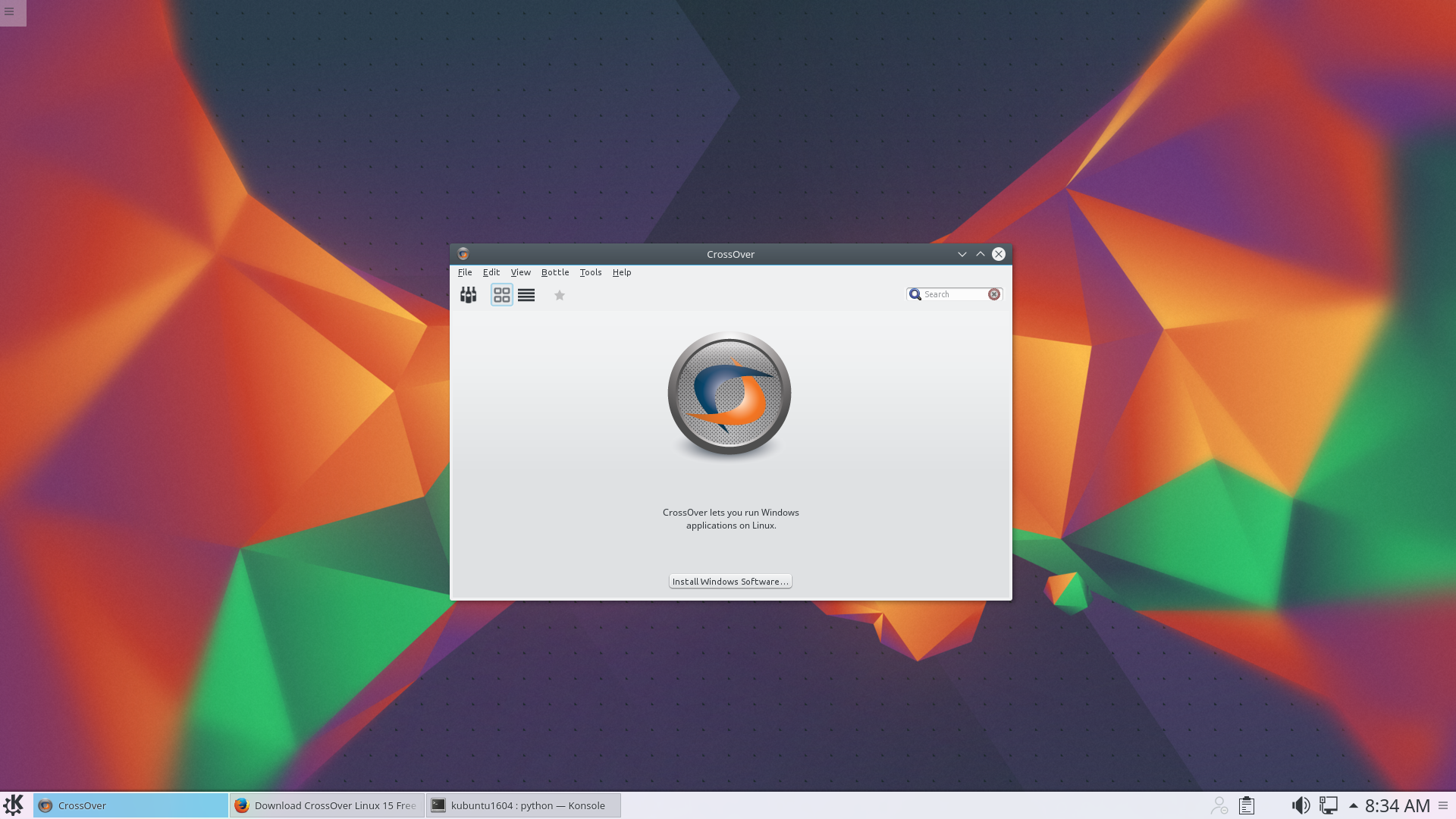 Kubuntu 16.04 running CrossOver 15.1.0